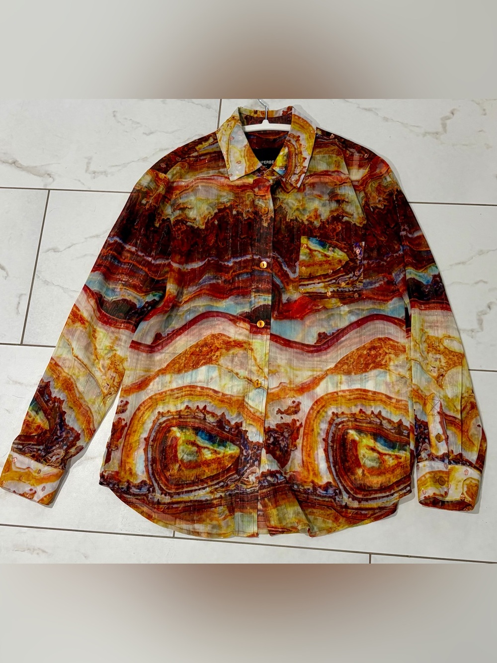 Le Superb Agate Marble Sheer Button Up Long-Sleeve Shirt 2